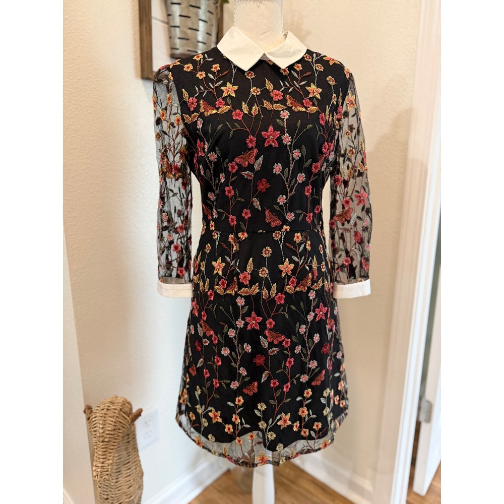 AQUA Black Floral Embroidered Mesh Contrast Collar Mini Dress Small